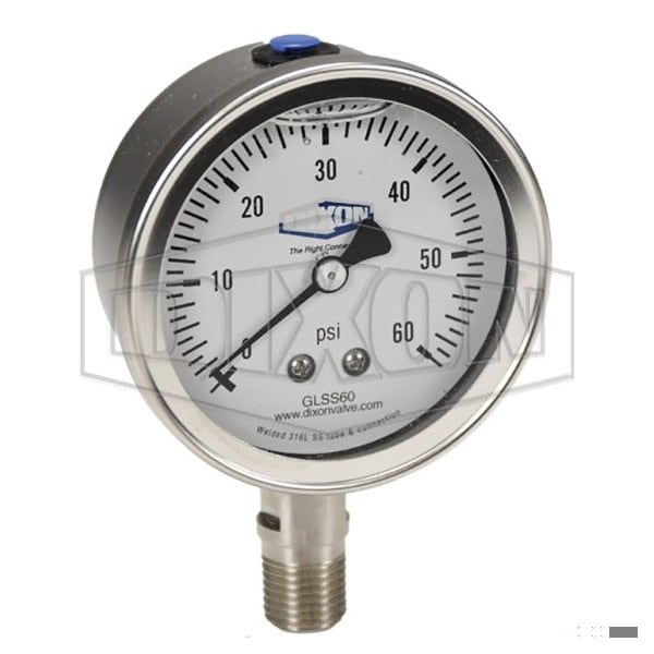 Dixon Gauge, 0 to 15 psi, 1/4 in NPT Connection, 2-1/2 in Dial, +/- 2-1-2 %, Glycerin Liquid Filled GLSS15 - main